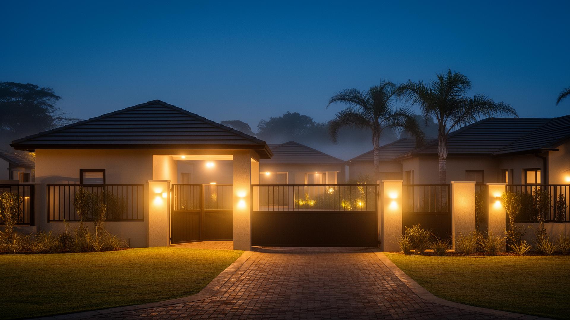 WindmillPark Boksburg estate at dusk — gated entrance, lit driveway, single-storey homes with tile roofs against deep twilight sky.